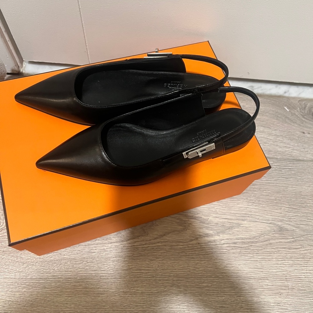 Hermes Black Lovlie Slingbsck Leather Slingback Flats - Picture 5 of 10